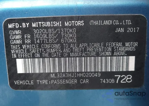 2017 Mitsubishi Mirage Es z USA, uszkodzony, nr VIN ML32A3HJ1HH020049